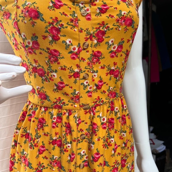 Floral Print Stretch A-Line Dress Puff Sleeve Yellow Size XXL - Picture 5 of 7